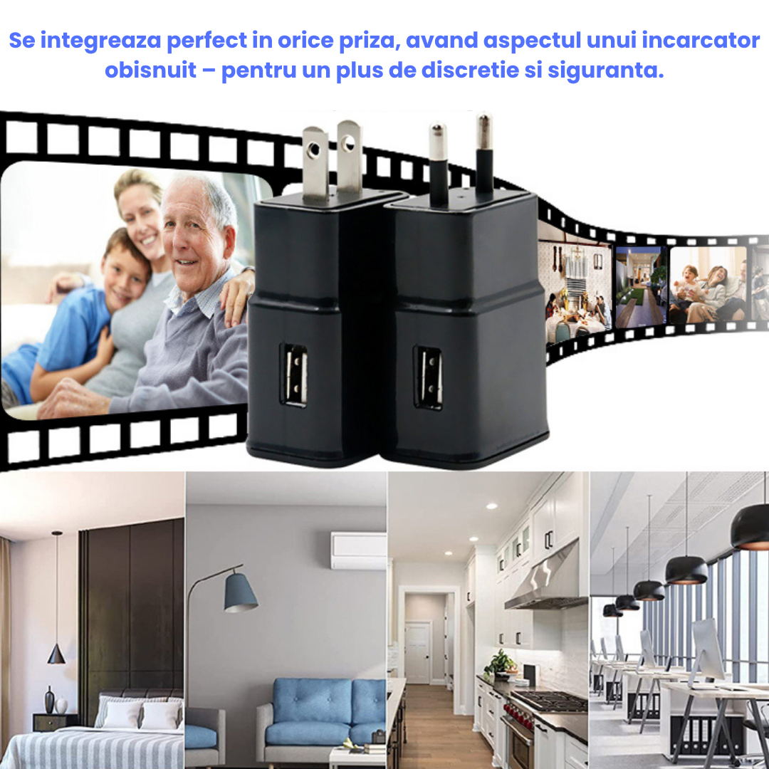 Mini camera video tip incarcator, Wi-Fi, Full HD, microfon