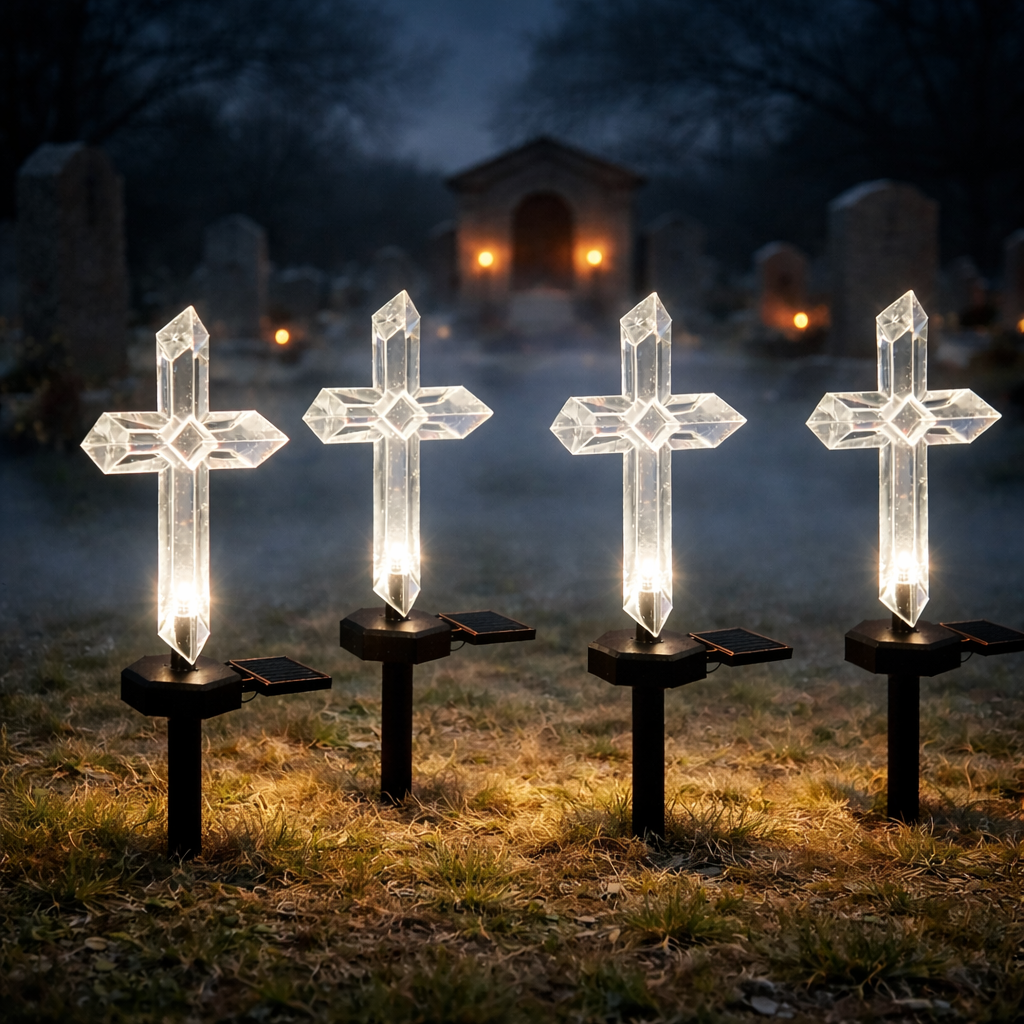 Set 4 x Cruce solara LED pentru mormant