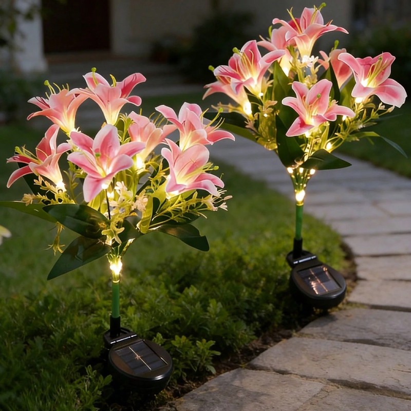 Set 2 x lampa solara 70 cm, 6 crini roz