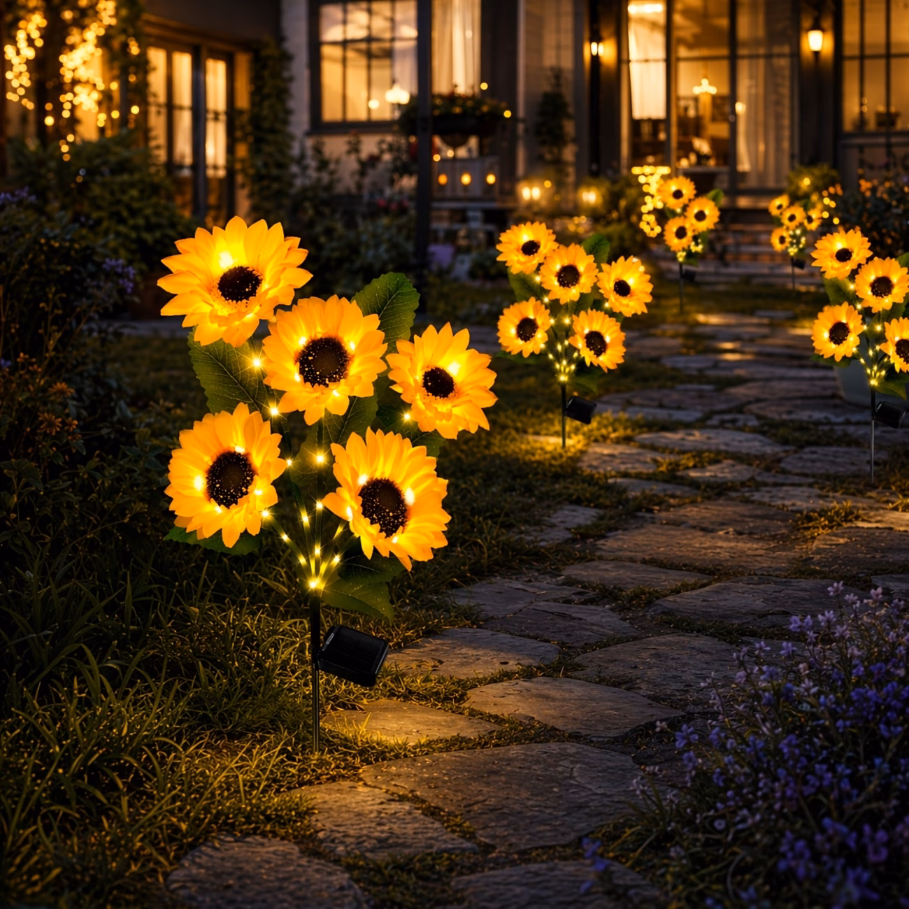 Set 2 x lampa solara 5 flori, 70 cm, Floarea Soarelui