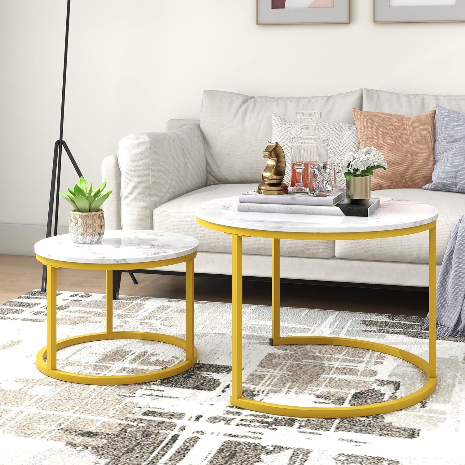 Set 2 masute living metal, efect marmura, 50x38 cm si 70x45 cm