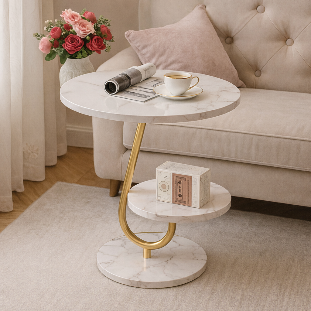 Masuta rotunda cu raft inferior, blat tip marmura, 45x60 cm