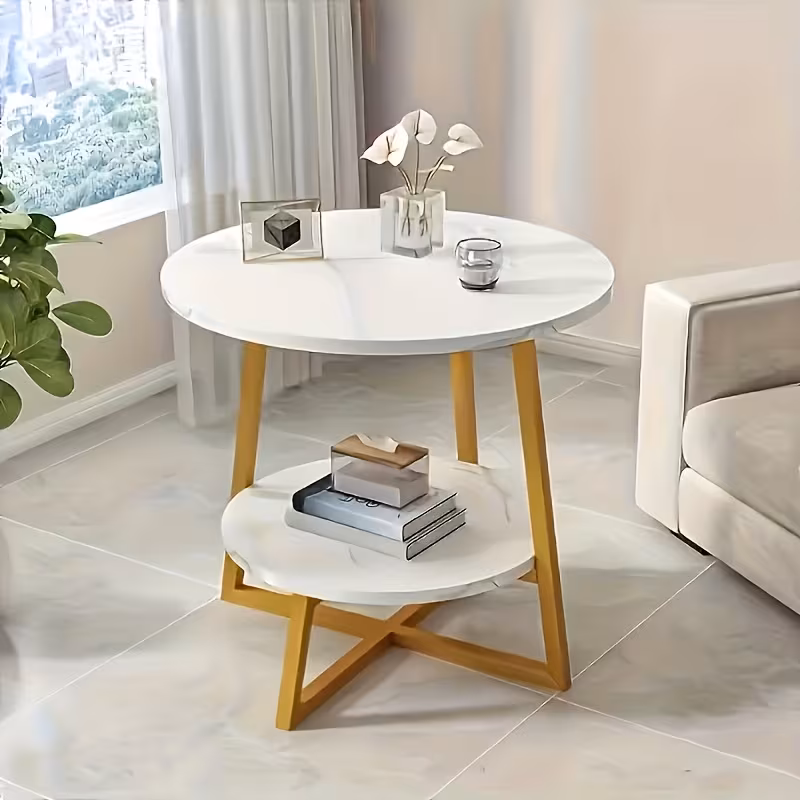 Masuta cafea rotunda cu raft inferior, blat tip marmura, 55x40 cm