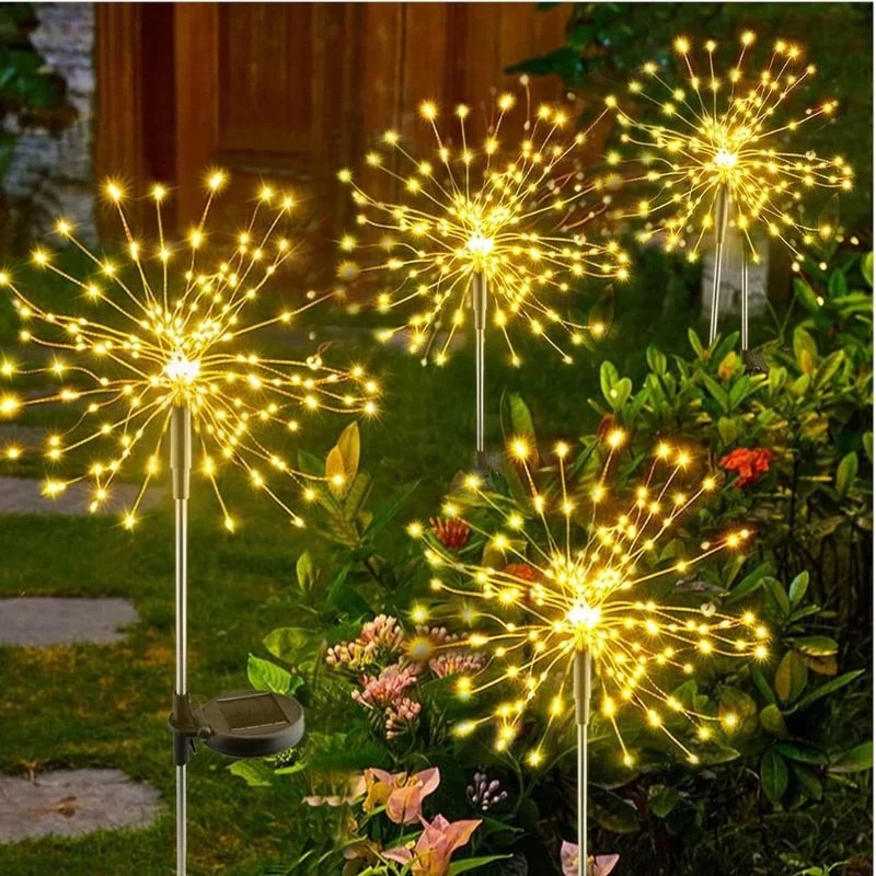 Set 2 x Lampa solara artificii cu suport metalic, lumina calda