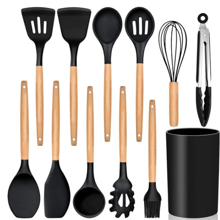 Set 12 ustensile din silicon, pentru gatit - Negru