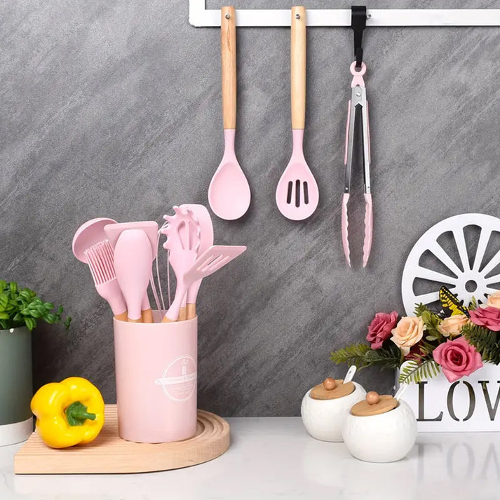 Set 12 ustensile din silicon, pentru gatit - Roz