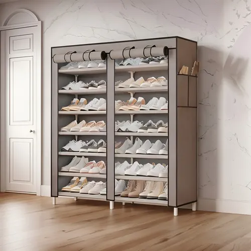 Dulap pantofi cu 7 rafturi, 35 perechi, cadru otel, invelis textil