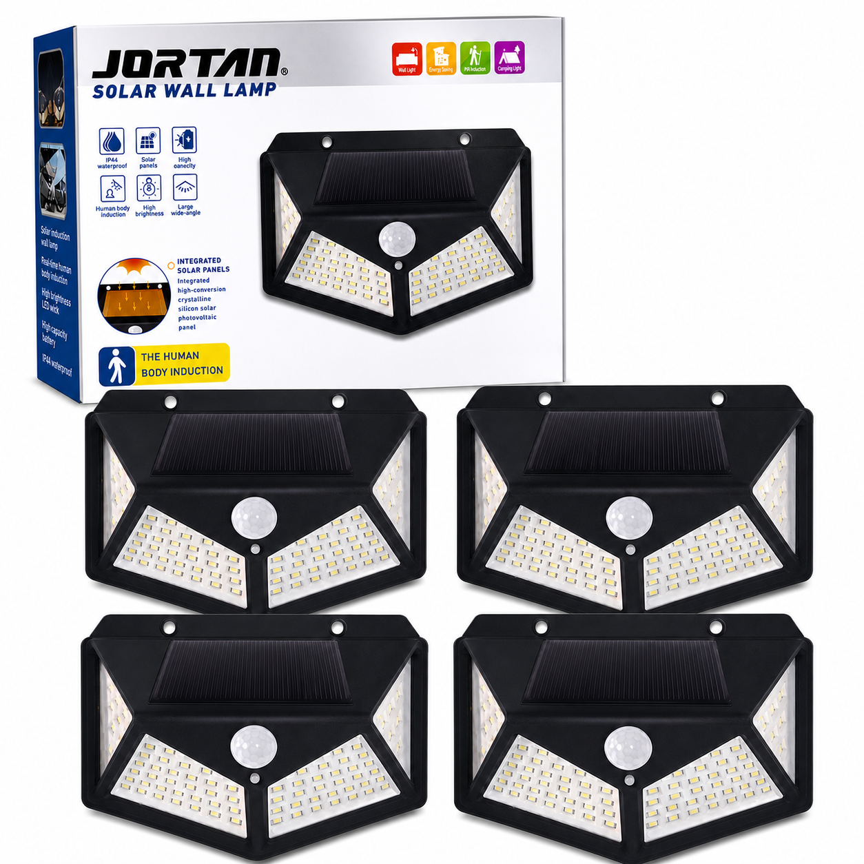 Set 4 x Lampa solara 100 LED Jortan, senzor de miscare