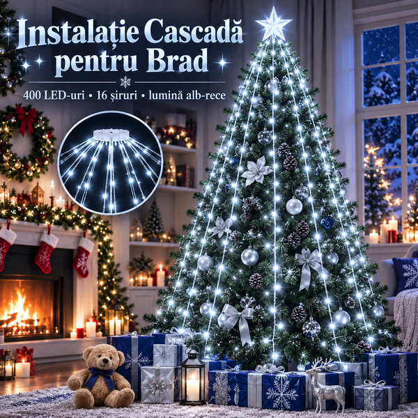 Instalatie brad Craciun 400 LED cu inel, 2 M x 16 coloane, Alb rece