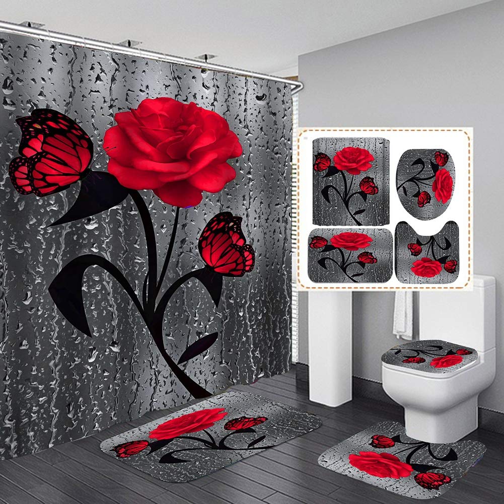 Set pentru baie: perdea, covorase si husa de toaleta, Red Rose