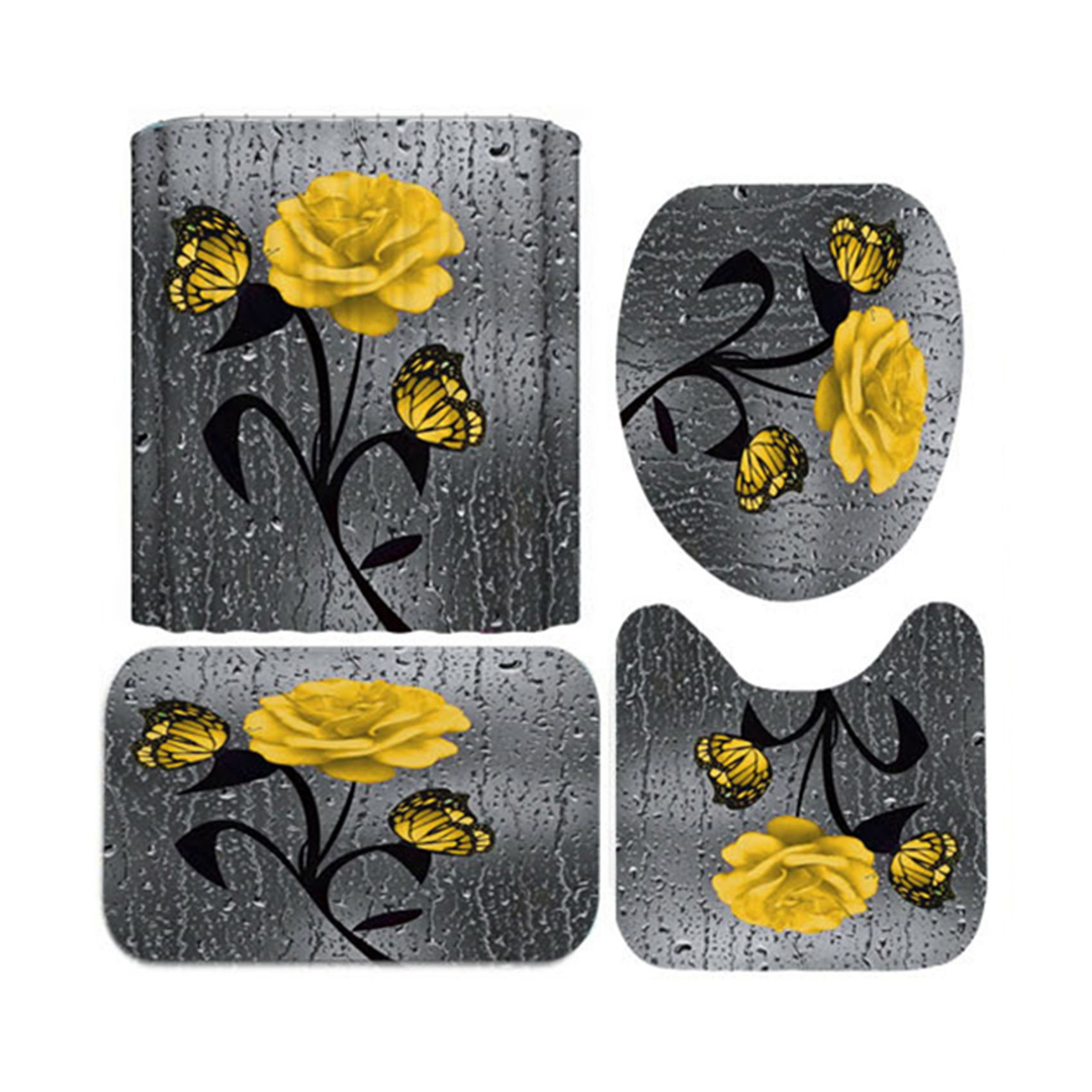 Set baie 4 piese: perdea, covorase si husa de toaleta, Yellow Rose