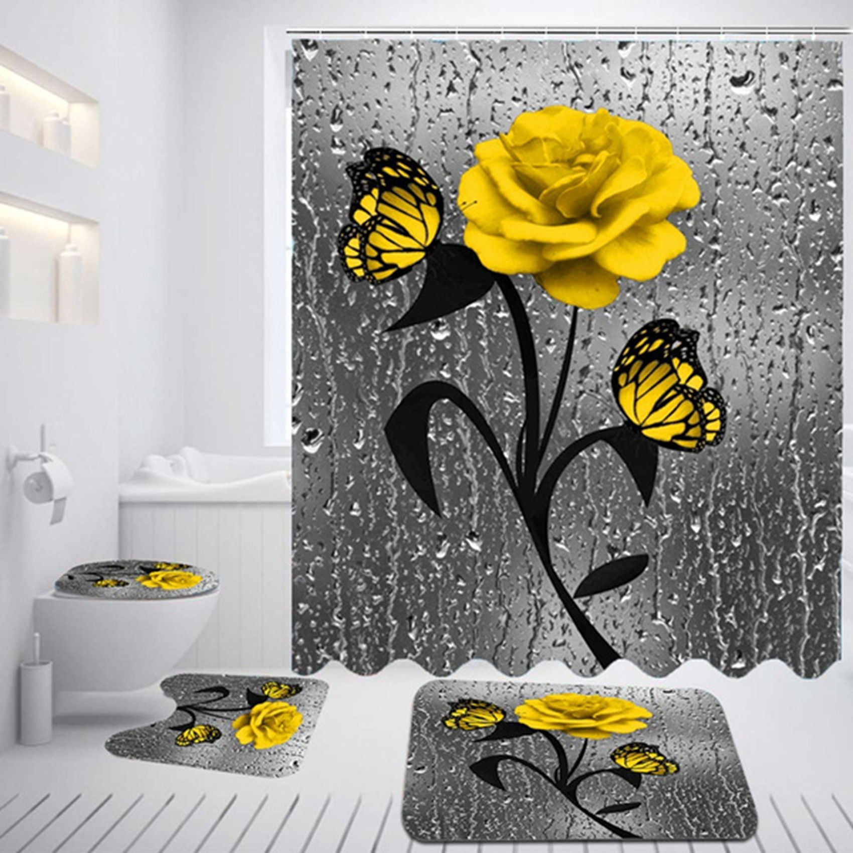 Set baie 4 piese: perdea, covorase si husa de toaleta, Yellow Rose