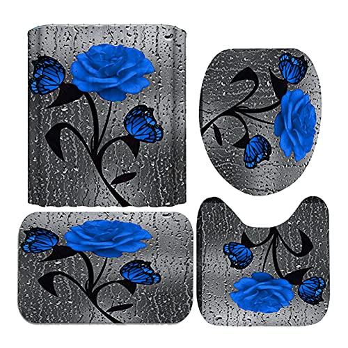 Set dus baie 4 piese: perdea, covorase si husa de toaleta, Dark Blue Rose