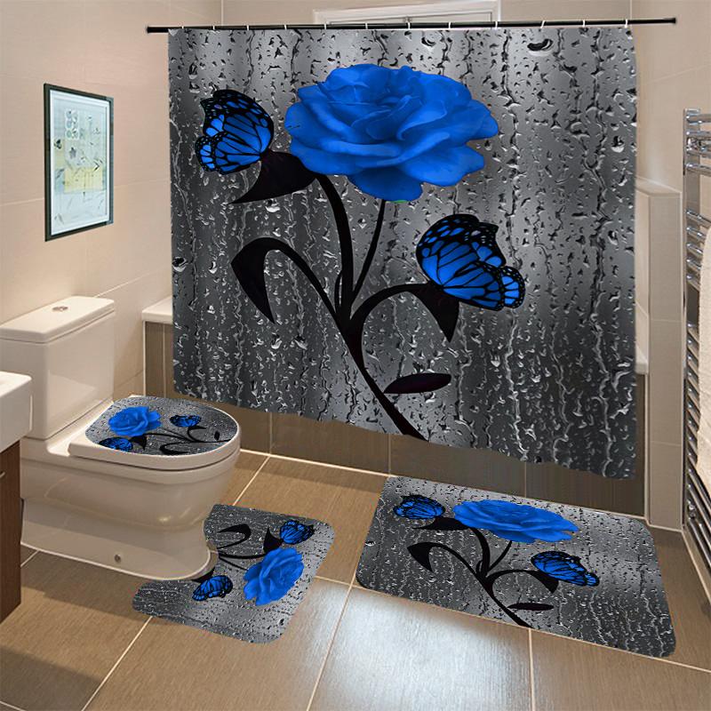 Set dus baie 4 piese: perdea, covorase si husa de toaleta, Dark Blue Rose