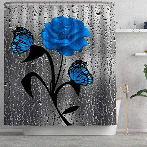 Set dus baie 4 piese: perdea, covorase si husa de toaleta, Dark Blue Rose