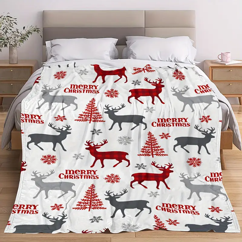 Patura cocolino Merry Christmas, 150x200 cm, model fulgi de zapada si reni