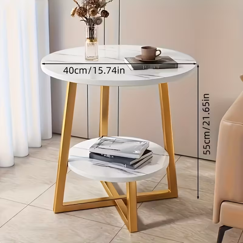 Masuta cafea rotunda cu raft inferior, blat tip marmura, 55x40 cm